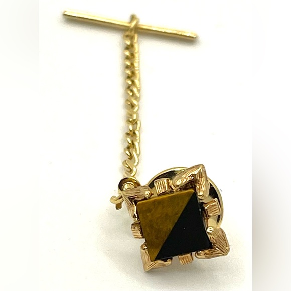 Vintage Gold Tone Banded black onyx & tiger eye stones. Tie Tack - Picture 8 of 8